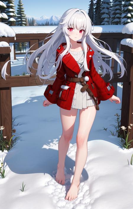 41571-1957397405-highres, detailed, soft lighting, snowy, snow field, standing, full body, red jacket, bare feet, bare legs, clara [honkai star r.png